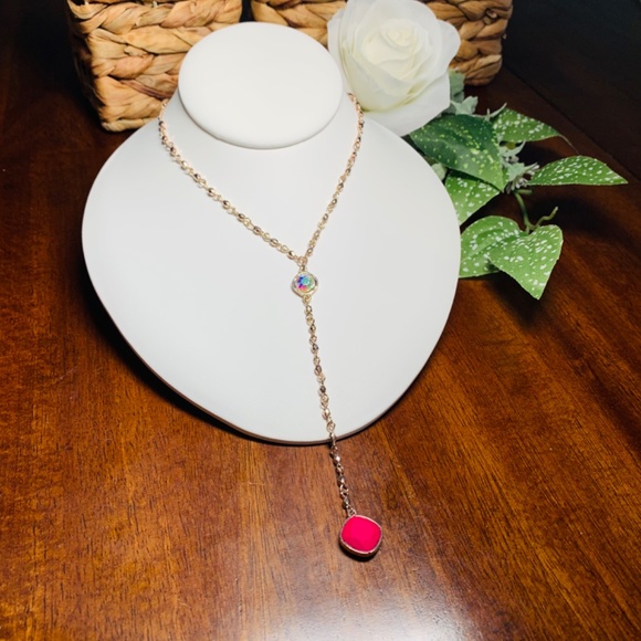 Aurora Borealis Vintage Rose Gold Tone Chain Lariat Necklace w/Matte Pink Stone. - Picture 5 of 11